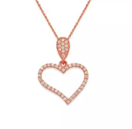 NEW 14K ROSE GOLD FANCY ROSE CZ PENDANT: NEW 14K ROSE GOLD FANCY ROSE HEART CZ PENDANT 14K Rose Gold Approx. 16x13mm High Polished/Cubic Zirconia Available in Yellow and White Gold Chains Sold Separately Weight: 0.9 Grams