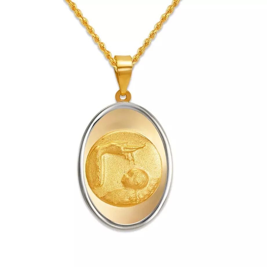 NEW 14K TWO TONE GOLD HIGH POLISHED BAPTISM PENDANT: NEW 14K TWO TONE GOLD HIGH POLISHED BAPTISM PENDANT 14K Two Tone Gold Approx. 15x20mm High Polished/Satin Finished Chains Sold Separately Weight: 1.5 Grams