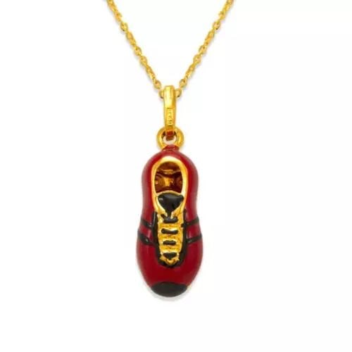 NEW 14K YELLOW GOLD RED/ BLACK SOCCER SHOE ENAMEL CHARM PENDANT: NEW 14K YELLOW GOLD RED/ BLACK SOCCER SHOE ENAMEL CHARM PENDANT 14K Yellow Gold Approx. 8x19mm Hollow Chains Sold Separately Weight: 1.4 Grams