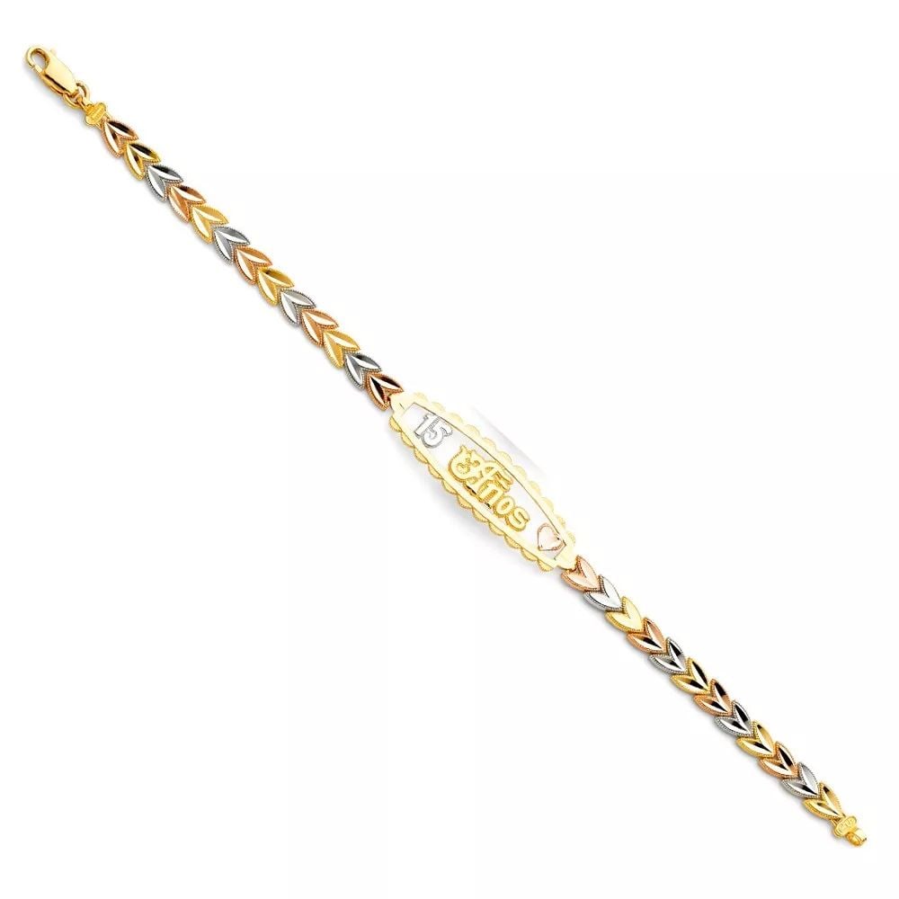 NEW 14K TRI COLOR GOLD 15 YEARS ID BRACELET: NEW 14K TRI COLOR 15 YEARS ID BRACELET 14K TRI-COLOR GOLD NEW TRI COLOR 15 YEARS ID BRACELET WEIGHT: 7.5 g LENGTH: 7.25in