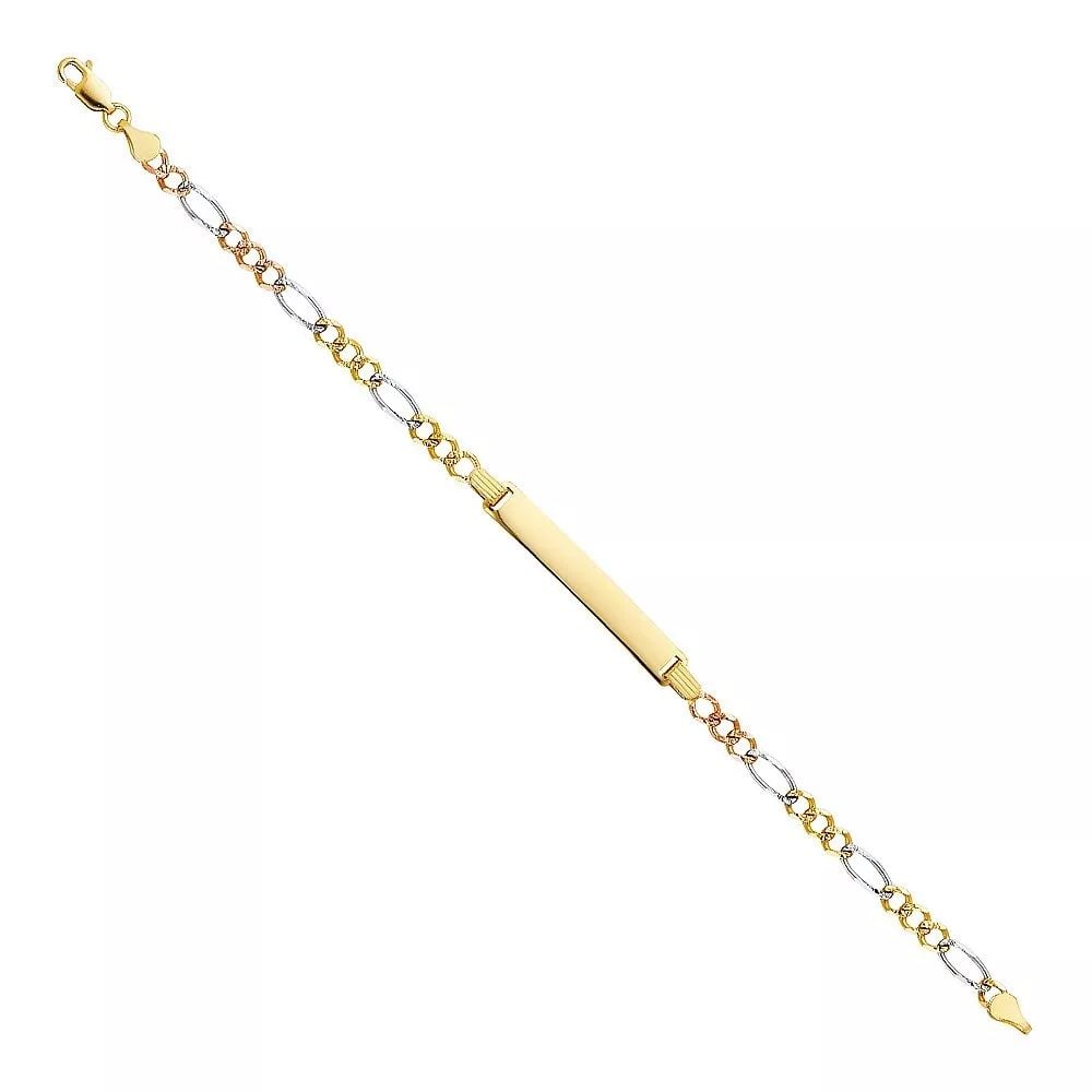 NEW 14K TRI COLOR GOLD FIGARO 3+1 100 ID BRACELET: NEW 14K TRI COLOR FIGARO 3+1 100 ID BRACELET 14K TRI-COLOR GOLD NEW TRI COLOR FIGARO 3+1 100 ID BRACELET WEIGHT: 6 g LENGTH: 7.5in