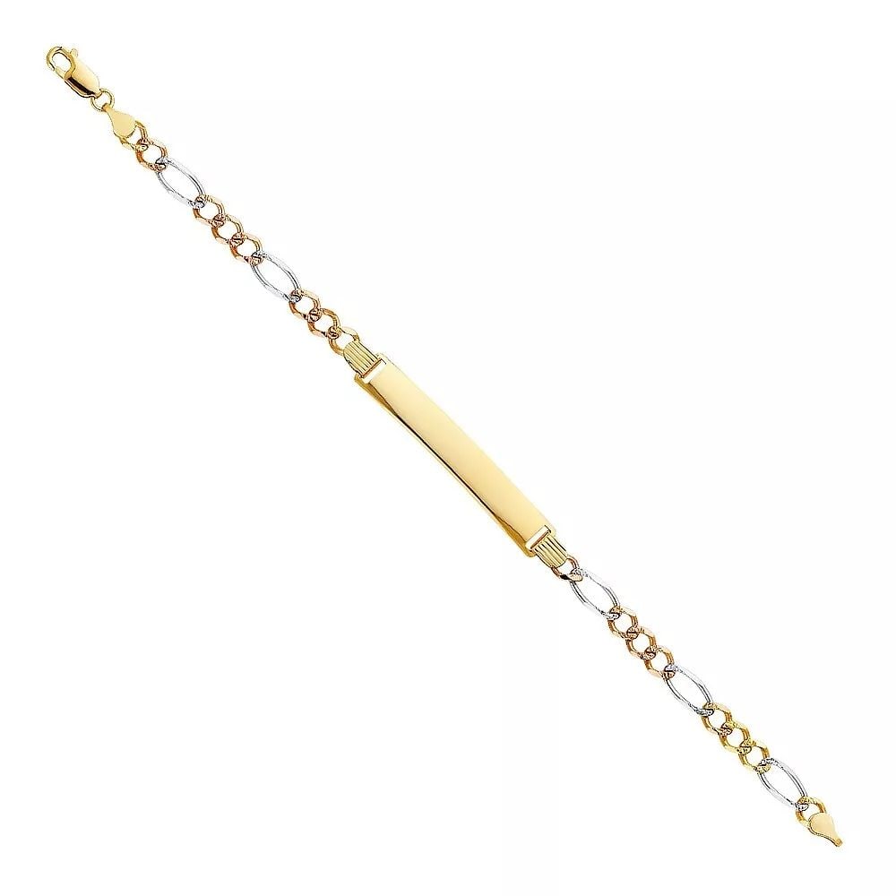 NEW 14K TRI COLOR GOLD FIGARO 3+1 120 ID BRACELET: NEW 14K TRI COLOR FIGARO 3+1 120 ID BRACELET 14K TRI-COLOR GOLD NEW TRI COLOR FIGARO 3+1 120 ID BRACELET WEIGHT: 8.1 g LENGTH: 7.5in