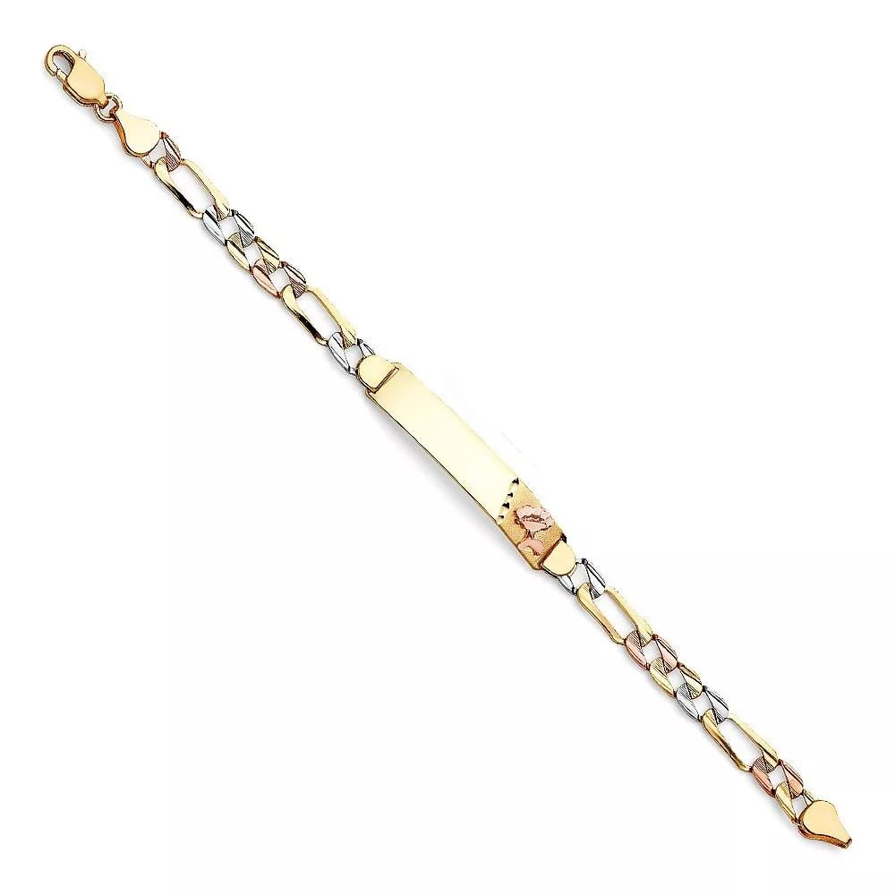 NEW 14K TRI COLOR GOLD DC FIGARO LINK FLOWER ID BRACELET (1 of 2)