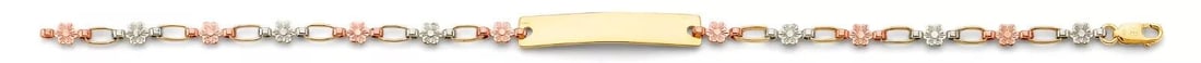 NEW 14K TRI COLOR GOLD FLOWER PLAIN ID BRACELET: NEW 14K TRI COLOR FLOWER PLAIN ID BRACELET 14K TRI-COLOR GOLD NEW TRI COLOR FLOWER PLAIN ID BRACELET WEIGHT: 4.6 g