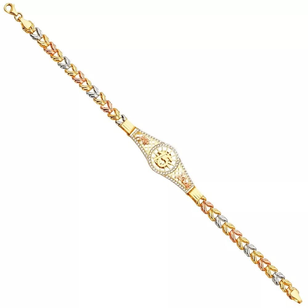 NEW 14K TRI COLOR GOLD 15 YEARS ID BRACELET: NEW 14K TRI COLOR 15 YEARS ID BRACELET 14K TRI-COLOR GOLD NEW TRI COLOR 15 YEARS ID BRACELET WEIGHT: 6.2 g LENGTH: 7.5in