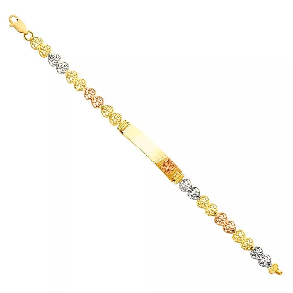 NEW 14K TRI COLOR GOLD HERAT LINK BUTTERFLY BABY ID BRACELET: NEW 14K TRI COLOR HERAT LINK BUTTERFLY BABY ID BRACELET 14K TRI-COLOR GOLD NEW TRI COLOR HERAT LINK BUTTERFLY BABY ID BRACELET WEIGHT: 4.3 g LENGTH: 6in