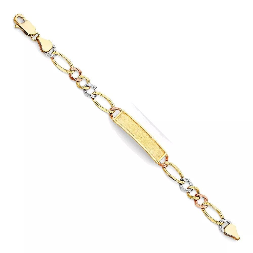 NEW 14K TRI COLOR GOLD FIGARO F BABY ID BRACELET: NEW 14K TRI COLOR FIGARO F BABY ID BRACELET 14K TRI-COLOR GOLD NEW TRI COLOR FIGARO F BABY ID BRACELET WEIGHT: 8.3 g LENGTH: 6in