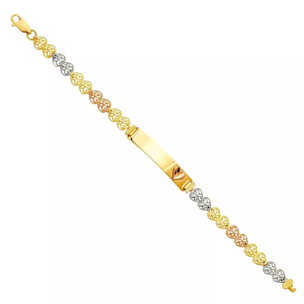 NEW 14K YELLOW GOLD CUBAN FRAME JUNIOR ID BRACELET: NEW 14K TRI COLOR HERAT LINK HEART BABY ID BRACELET 14K YELLOW GOLD NEW TRI COLOR HERAT LINK HEART BABY ID BRACELET WEIGHT: 4.5 g LENGTH: 6in