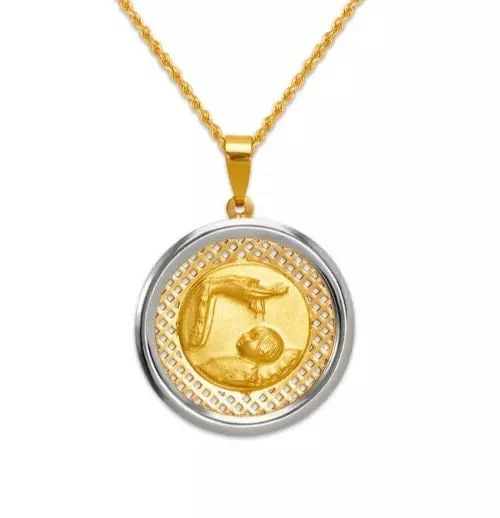 NEW 14K TWO TONE GOLD HIGH POLISHED BAPTISM PENDANT: NEW 14K TWO TONE GOLD HIGH POLISHED BAPTISM PENDANT 14K Two Tone Gold Approx. 20x20mm High Polished/Satin Finished Chains Sold Separately Weight: 1.8 Grams