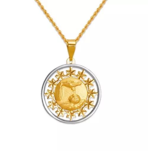 NEW 14K YELLOW/ WHITE BAPTISM PENDANT: NEW 14K YELLOW/ WHITE BAPTISM PENDANT 14K Yellow/White Gold Approx. 18x18mm High Polished/Satin Finished Chains Sold Separately Weight: 1.2 Grams