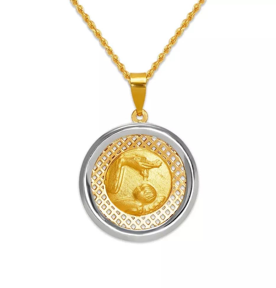 NEW 14K YELLOW/ WHITE GOLD BAPTISM PENDANT: NEW 14K YELLOW/ WHITE BAPTISM PENDANT 14K Yellow/White Gold Approx. 18x18mm High Polished/Satin Finished Chains Sold Separately Weight: 1.4 Grams