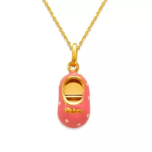 NEW 14K YELLOW GOLD BABY GIRL SHOE ENAMEL CHARM PENDANT: NEW 14K YELLOW GOLD BABY GIRL SHOE ENAMEL CHARM PENDANT 14K Yellow Gold Approx. 9x17mm Hollow Chains Sold Separately Weight: 1.4 Grams