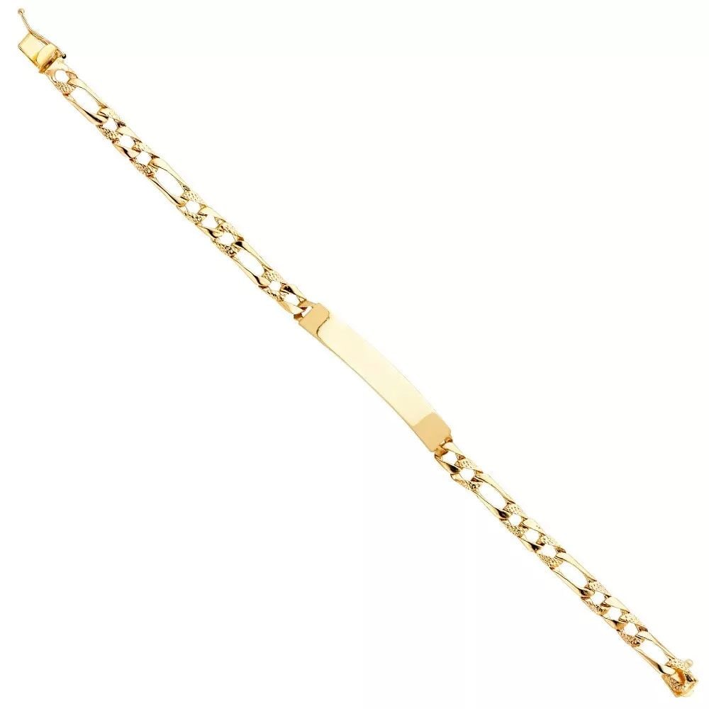 NEW 14K YELLOW LIGHT NUGGET FIGARO LINK ID BRACELET: NEW 14K YELLOW LIGHT NUGGET FIGARO LINK ID BRACELET 14K YELLOW GOLD NEW FIGARO ID BRACELET WEIGHT: 9.8 g LENGTH: Length : 8in