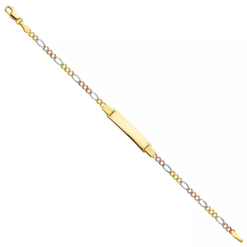 NEW 14K 060 FIGARO 3+1 MULTI COLOR BABY ID BRACELET: NEW 14K 060 FIGARO 3+1 MULTI COLOR BABY ID BRACELET 14K MULTI COLOR GOLD NEW 060 FIGARO 3+1 MULTI COLOR BABY ID BRACELET WEIGHT: 2.6g LENGTH 6in
