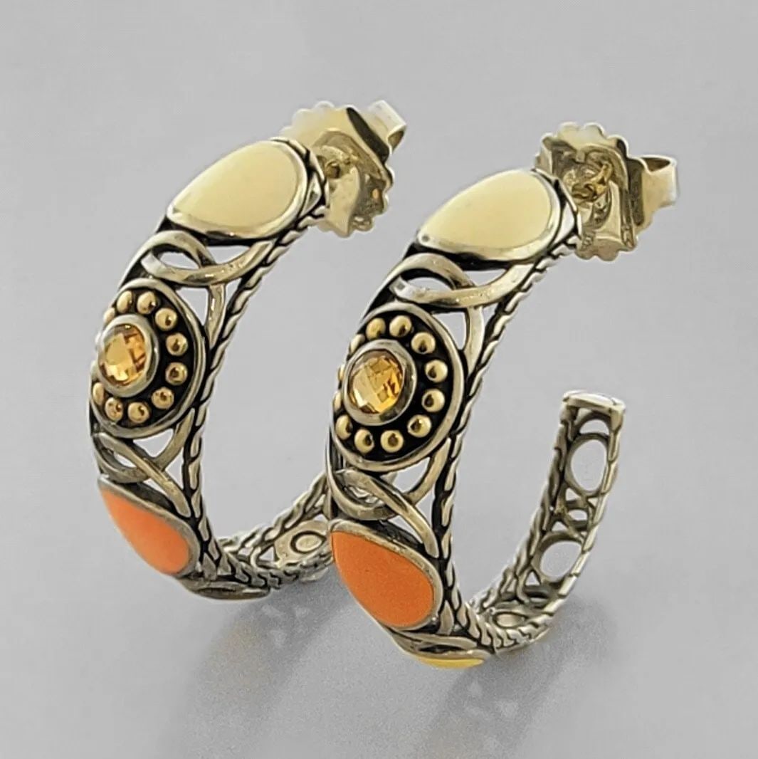 JOHN HARDY 22K GOLD STERLING SILVER CITRINE ENAMEL HOOP EARRINGS: JOHN HARDY 22K STERLING SILVER HOOP EARRINGS Earrings measure 1.34" High in diameter x 0.36" Wide John Hardy 22K gold & sterling silver citrine and enamel hoop earrings Pre-owned in good condition, pl