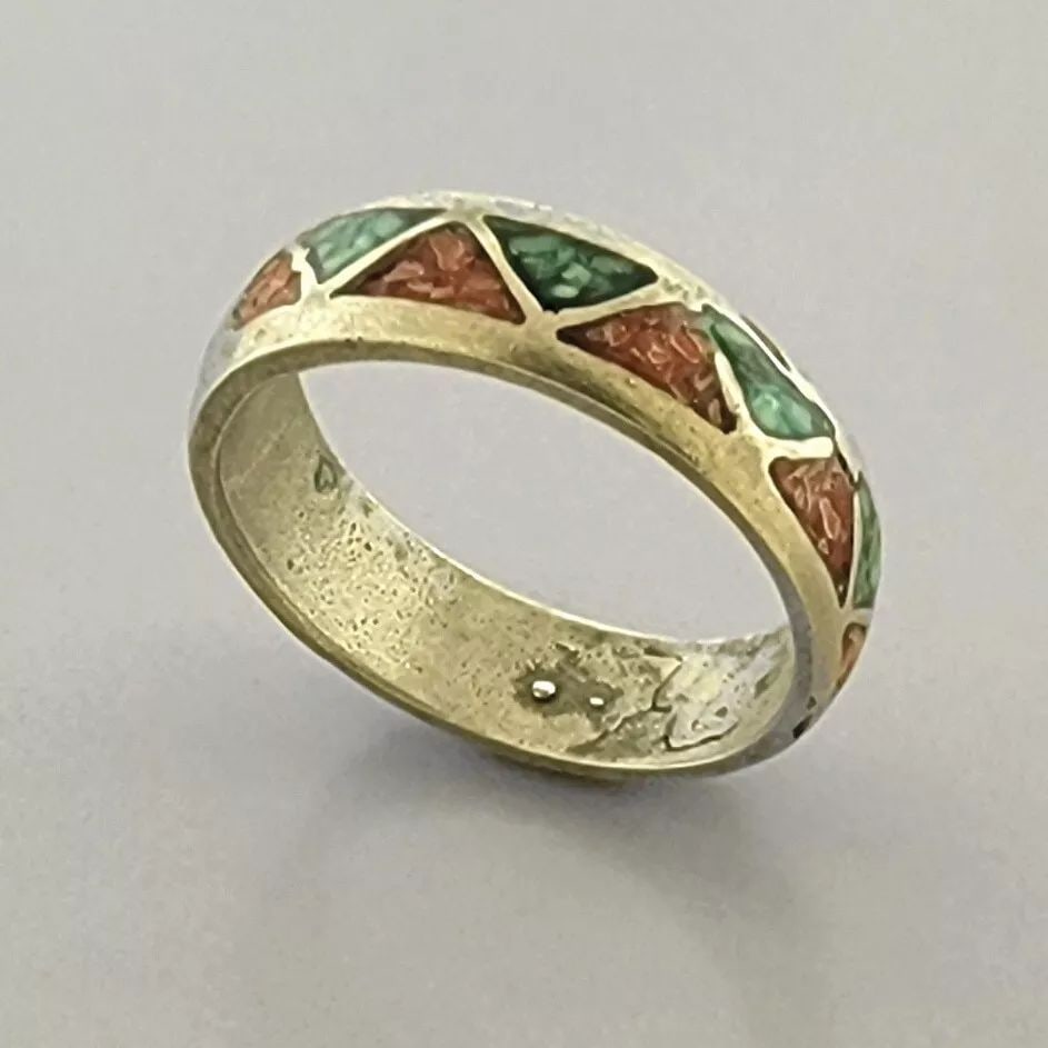 VINTAGE NAVAJO STERLING SILVER CORAL & TURQUOISE INLAY BAND RING SIZE 9.5: VINTAGE TURQUOISE STERLING SILVER RING Vintage Navajo Turquoise & coral inlay sterling silver band ring Size 9.5 Ring Measures 6.2mm Wide Vintage, Pre-owned, in good condition for its age, please refe