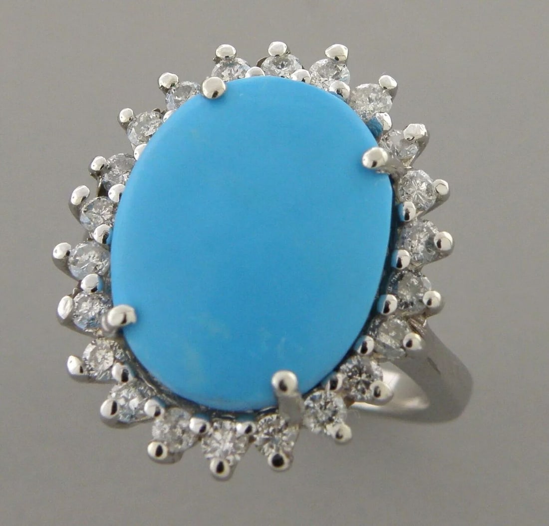 VINTAGE 14K WHITE GOLD DIAMOND TURQUOISE HALO COCKTAIL RING (1 of 2)