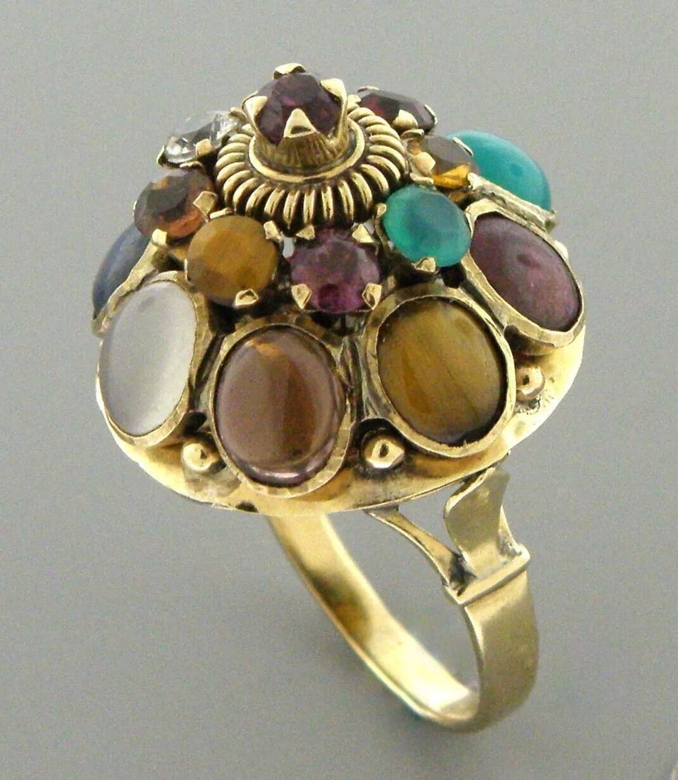 ANTIQUE VINTAGE 14K YELLOW GOLD MULTI STONE RING GARNET JADE EMERALD TOPAZ (1 of 2)