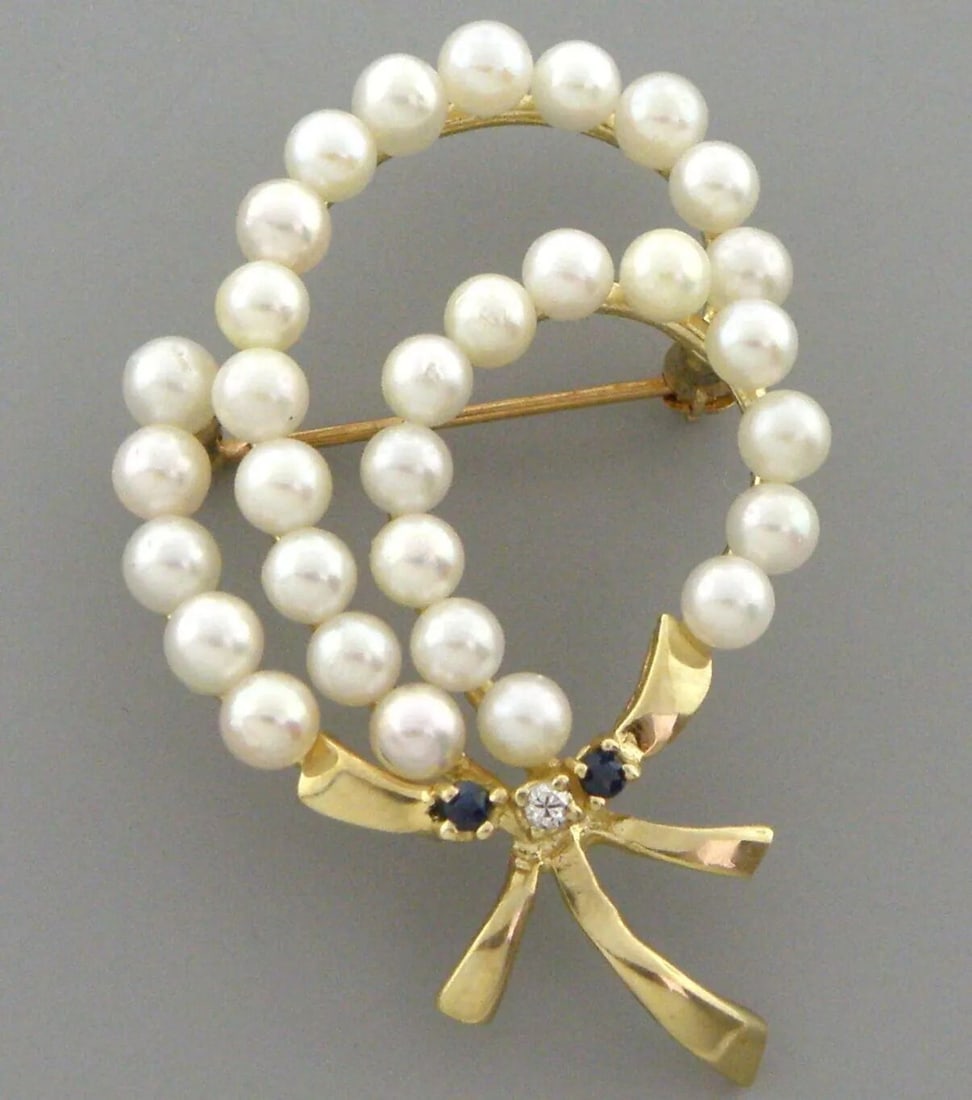 VINTAGE 14K YELLOW GOLD OLD MINE CUT DIAMOND SAPPHIRE PEARL BROOCH PIN (1 of 2)