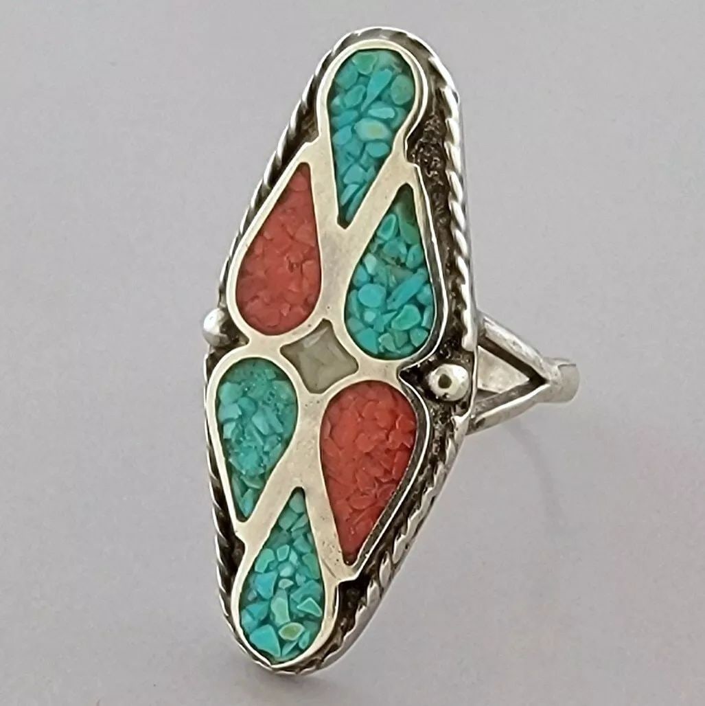 VINTAGE NAVAJO STERLING SILVER CORAL & TURQUOISE INLAY RING SIZE 8 (1 of 2)