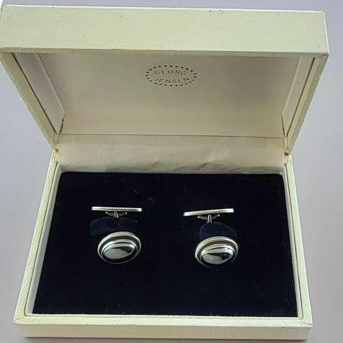 VINTAGE GEORG JENSEN STERLING SILVER HEMATITE CUFFLINKS 44 BOX (1 of 2)