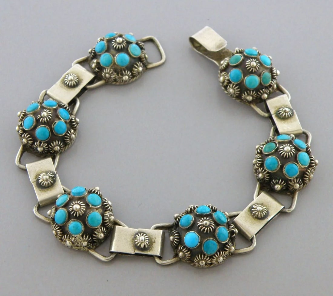 VINTAGE STERLING SILVER TURQUOISE FLOWER BRACELET MEXICO (1 of 2)