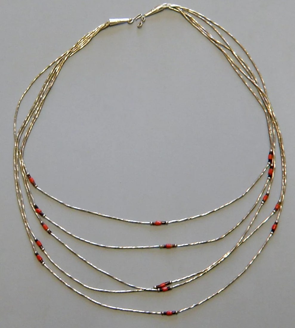 VINTAGE BEAUTIFUL NAVAJO STERLING SILVER 5 STRAND CORAL HEISHI NECKLACE (1 of 2)