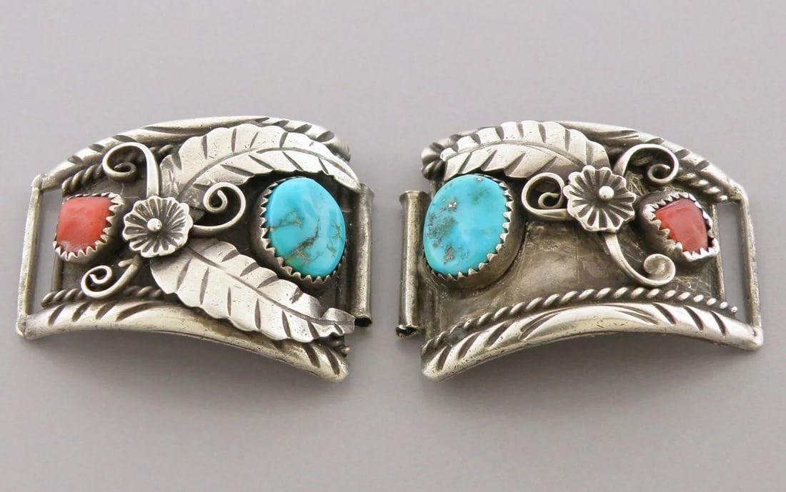 VINTAGE BEAUTIFUL NAVAJO STERLING SILVER TURQUOISE CORAL WATCH END LINKS SIGNED (1 of 2)