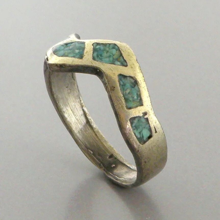 VINTAGE NAVAJO STERLING SILVER TURQUOISE INLAY STACK BAND RING SIZE 7 (1 of 2)