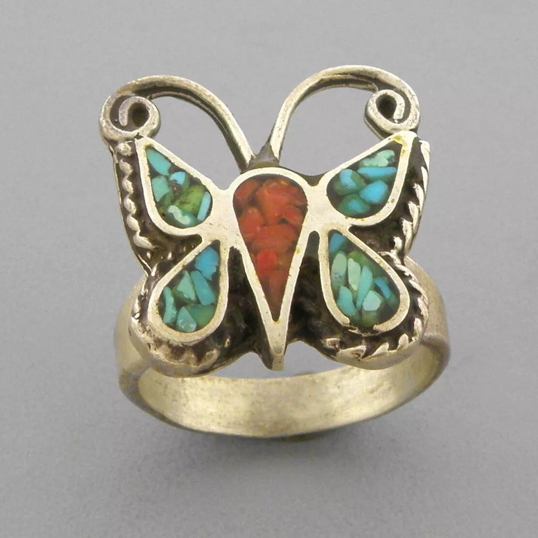 VINTAGE SOUTHWESTERN STERLING SILVER CORAL & TURQUOISE BUTTERFLY RING SIZE 4 (1 of 2)