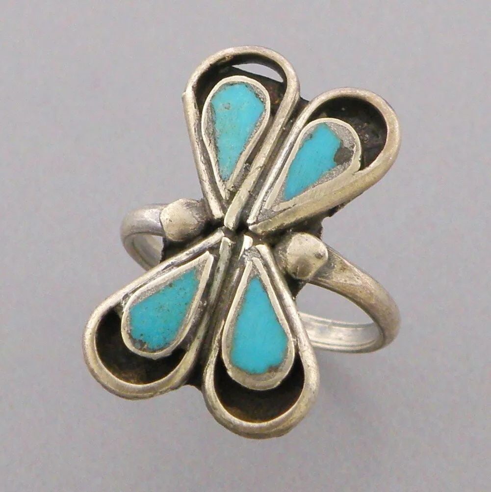 VINTAGE NAVAJO STERLING SILVER INLAY TURQUOISE BUTTERFLY RING (1 of 2)
