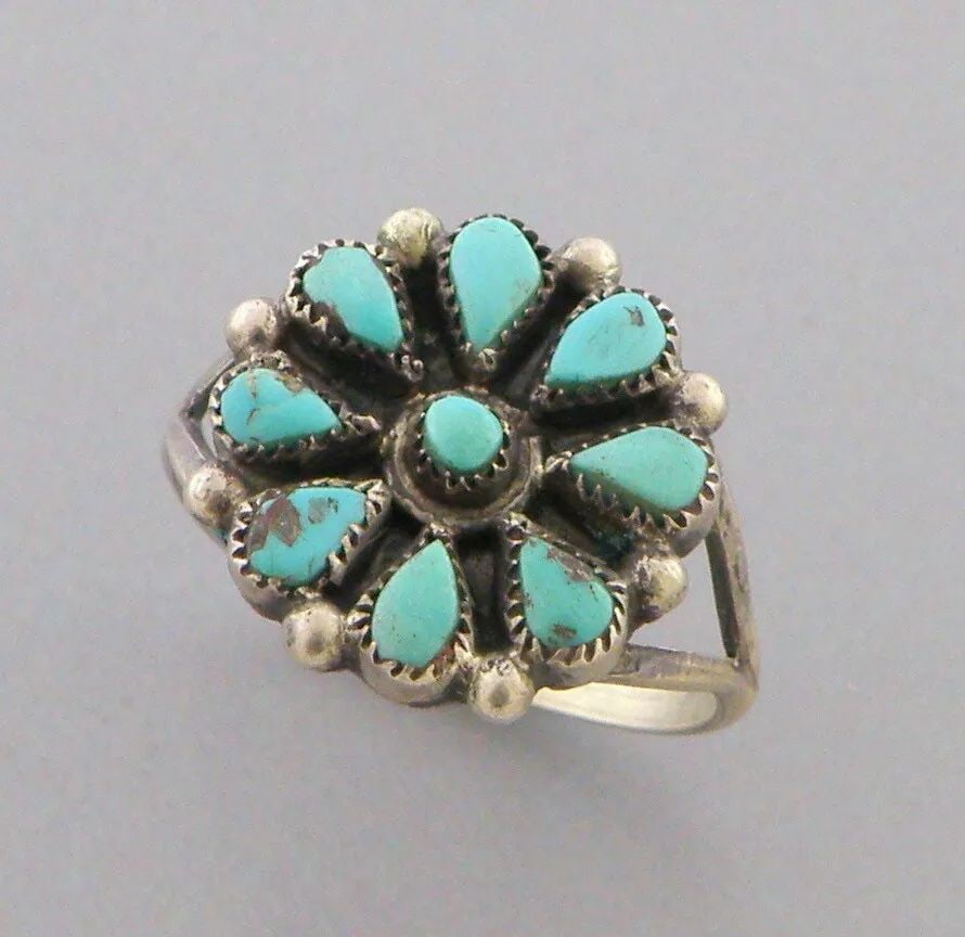 VINTAGE ZUNI PETIT POINT STERLING SILVER TURQUOISE FLOWER RING SIZE 6.5 (1 of 2)