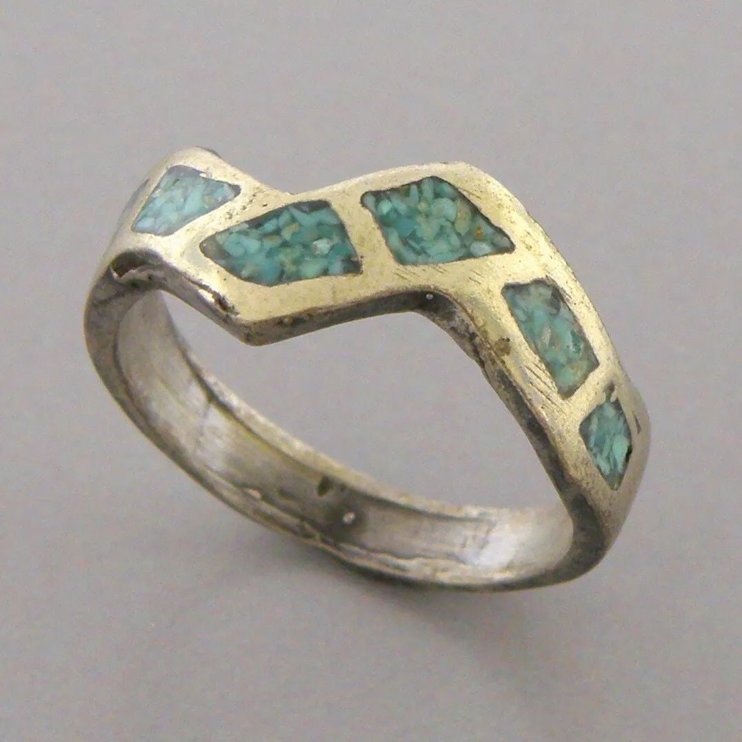 VINTAGE NAVAJO STERLING SILVER TURQUOISE INLAY STACK BAND RING SIZE 4 (1 of 2)