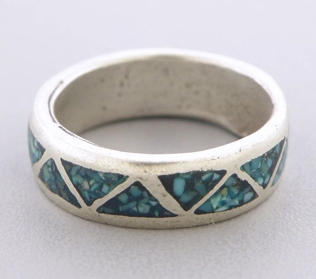 VINTAGE NAVAJO STERLING SILVER TURQUOISE INLAY BAND RING SIZE 6 (1 of 2)