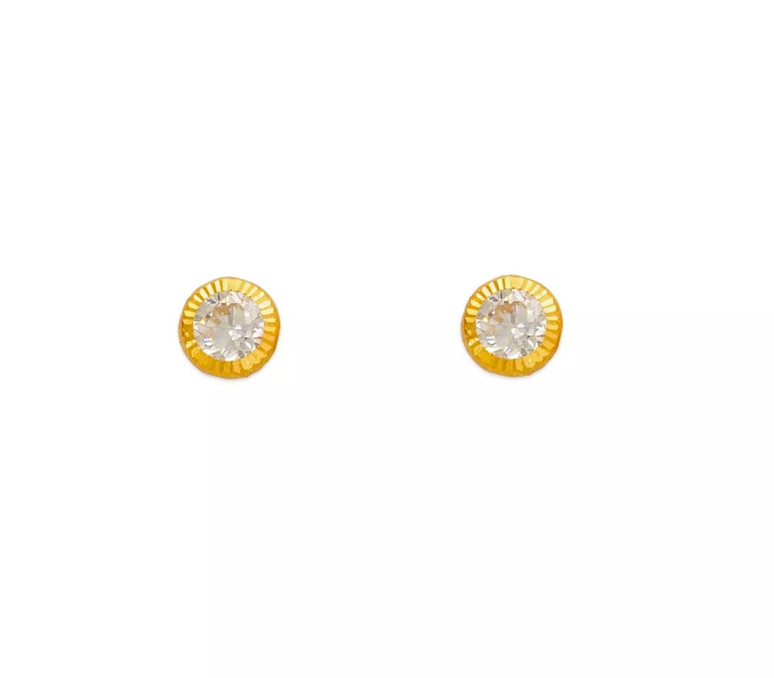 NEW 14K YELLOW GOLD ROUND BEZEL CZ STUD EARRINGS: NEW 14K YELLOW GOLD ROUND BEZEL CZ STUD EARRINGS 14K Yellow Gold Approx. 3mm Diamond Cut/Cubic Zirconia Screw Backing Available in Sizes 3mm-6mm Weight: 2.0 Grams