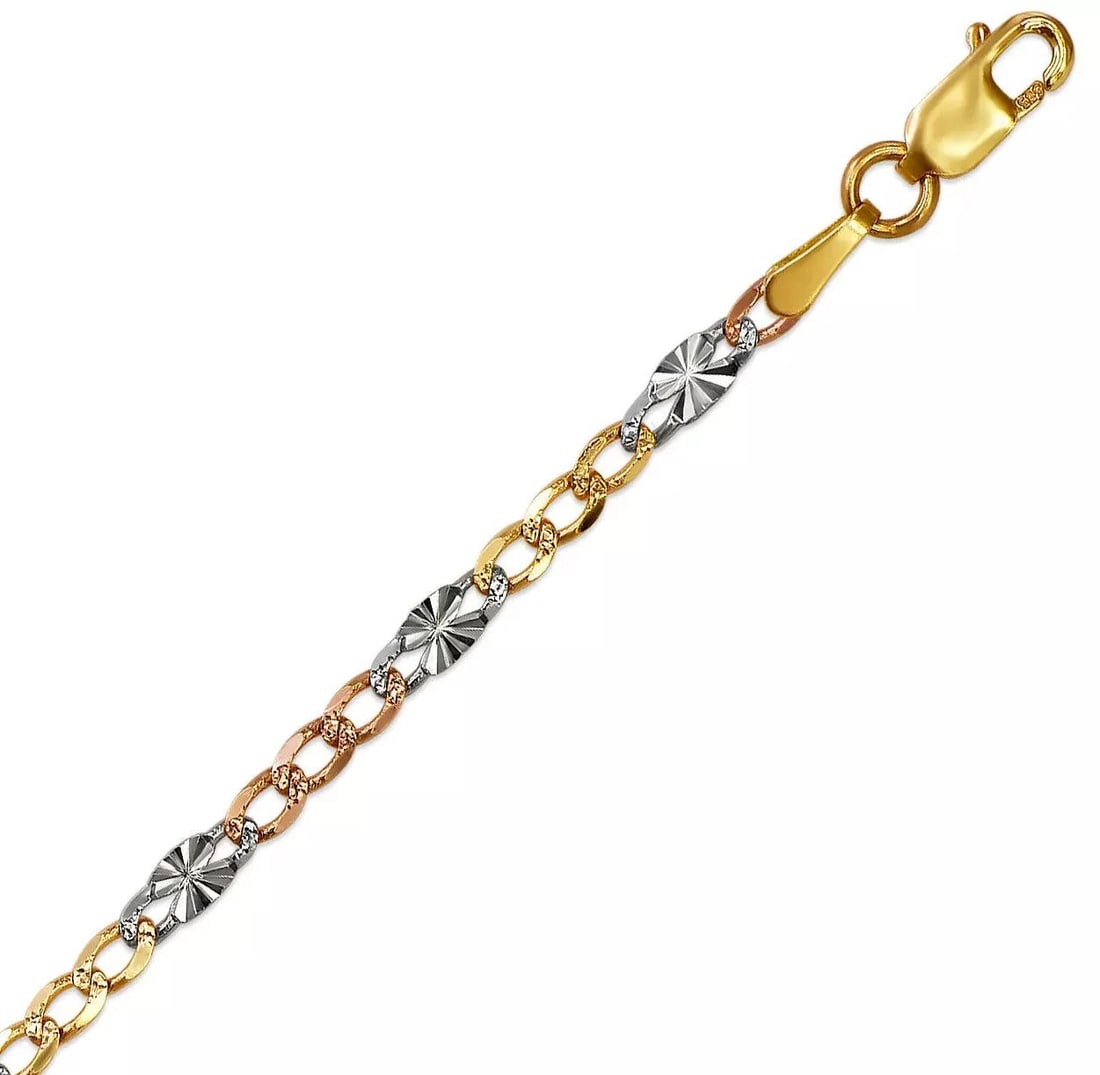NEW 14K TRI COLOR GOLD FIGARO STAR CHAIN NECKLACE: NEW 14K TRI COLOR GOLD FIGARO STAR CHAIN NECKLACE 14K Tri Color Gold Apx Weight 2.0mm 18" = 2.4g 3.0mm 18" = 3.5g 4.0mm 18" = 5.8g Diamond Cut