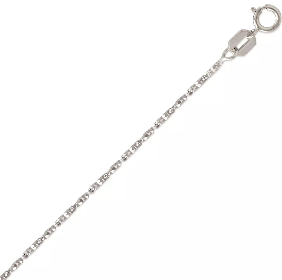 NEW 14K WHITE GOLD BARREL CHAIN NECKLACE: NEW 14K WHITE GOLD BARREL CHAIN NECKLACE 14K White Gold Apx Weight 1.0mm 18" = 3.1g Spring Lock Available in Yellow and White Gold