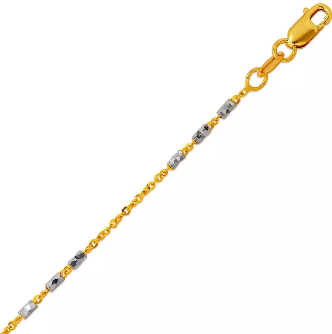 NEW 14K TWON TONE GOLD BARREL STATION CHAIN NECKLACE: NEW 14K TWON TONE GOLD BARREL STATION CHAIN NECKLACE 14K Yellow Gold Apx Weight 1.0mm 18" = 3.4g High Polished/Diamond Cut Lobster Lock Available in Yellow and White Gold