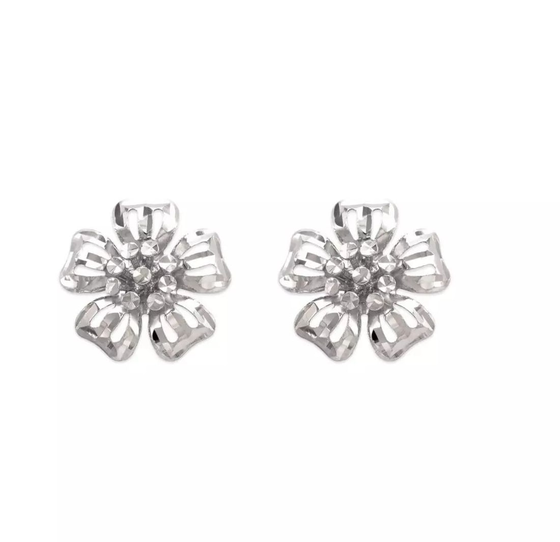 NEW 14K WHITE GOLD DIAMOND CUT FLOWER STUD EARRINGS (1 of 2)