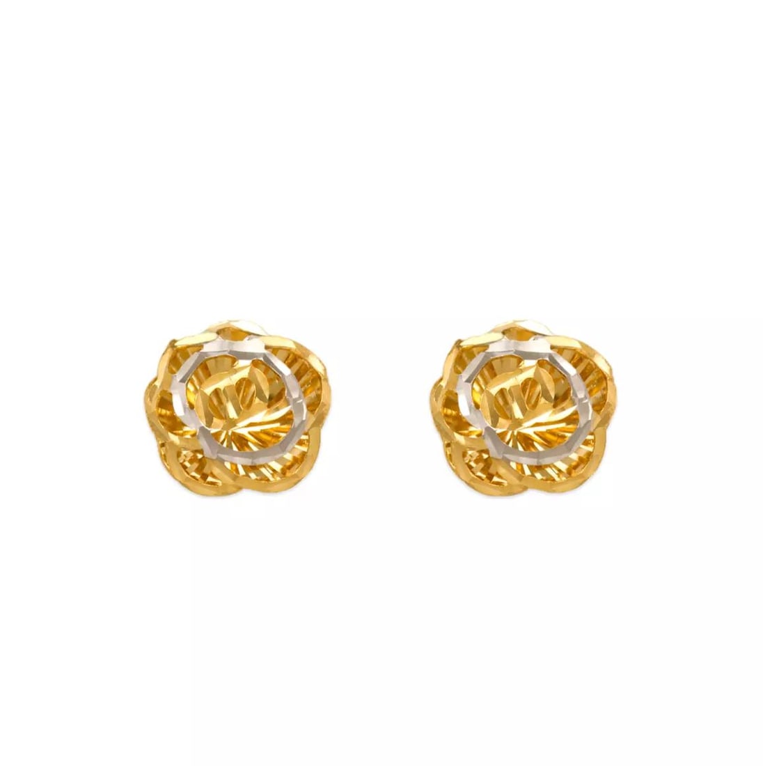 NEW 14K TWO TONE GOLD DIAMOND CUT FLOWER STUD EARRINGS (1 of 2)