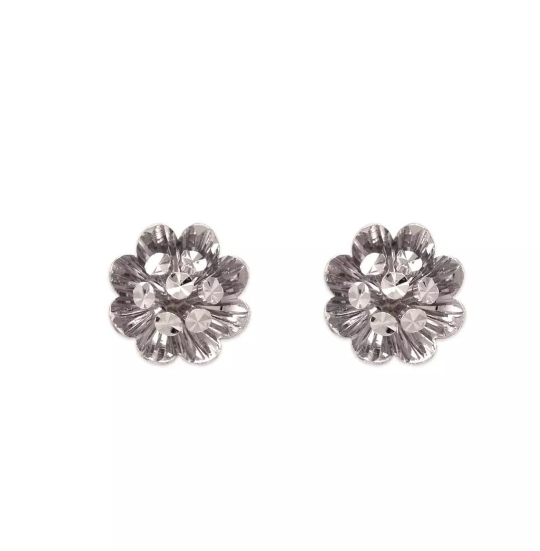 NEW 14K WHITE GOLD MEDIUM DIAMOND CUT FLOWER STUD EARRINGS (1 of 2)