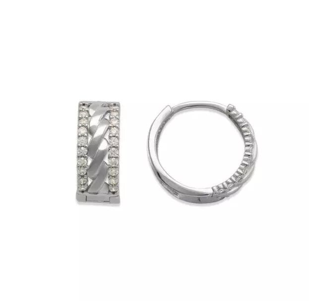 NEW 14K WHITE GOLD HUGGIE CZ EARRINGS: NEW 14K WHITE GOLD HUGGIE CZ EARRINGS 14K White Gold Approx. 5.5x14mm High Polished/Cubic Zirconia Available in Yellow Gold Weight: 2.8 Grams