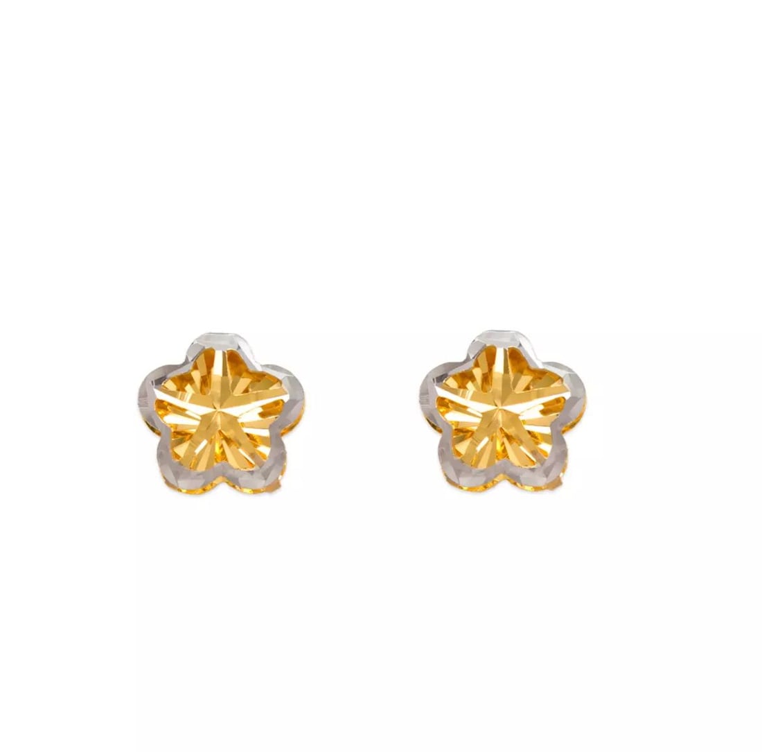 NEW 14K TWO TONE GOLD DIAMOND CUT FLOWER STUD EARRINGS (1 of 2)