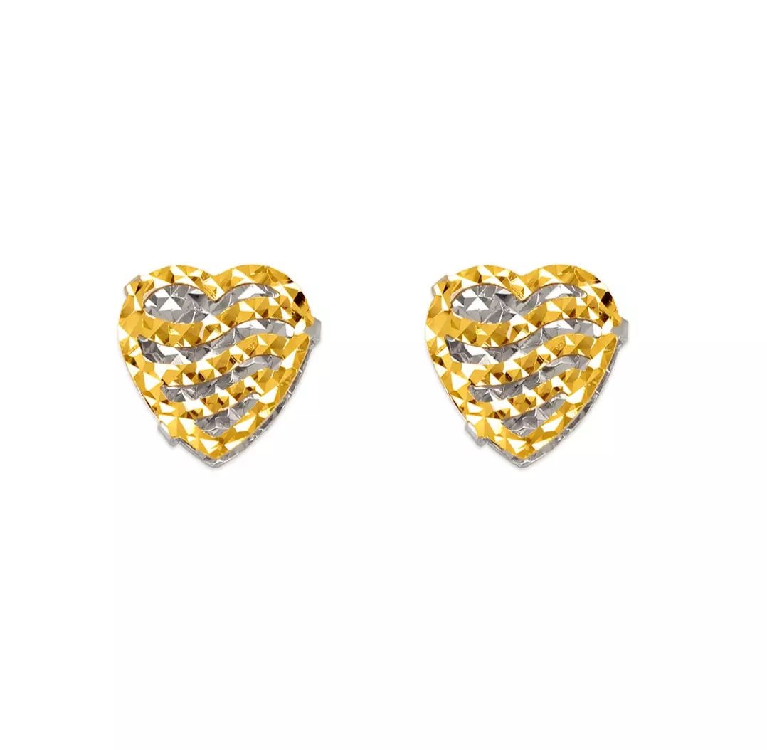 NEW 14K TWO TONE GOLD DIAMOND CUT HEART STUD EARRINGS (1 of 2)