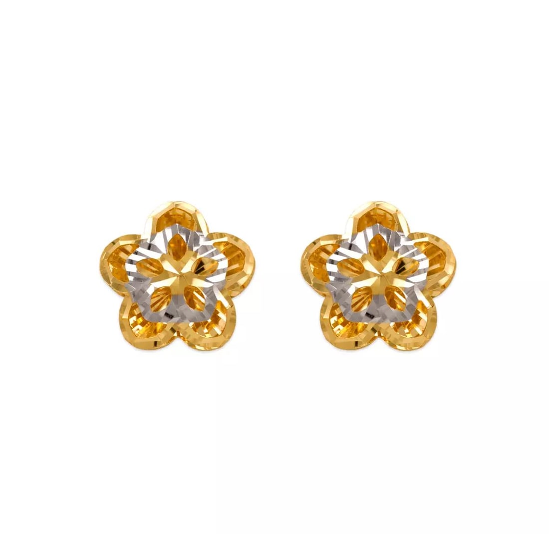 NEW 14K TWO TONE GOLD DIAMOND CUT FLOWER STUD EARRINGS (1 of 2)