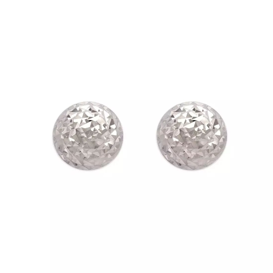 NEW 14K WHITE GOLD DIAMOND CUT HALF BALL STUD EARRINGS: NEW 14K WHITE GOLD DIAMOND CUT HALF BALL STUD EARRINGS 14K White Gold Approx. 10mm High Polished/Diamond Cut Available in Two Tone Gold Weight: 2.0 Grams