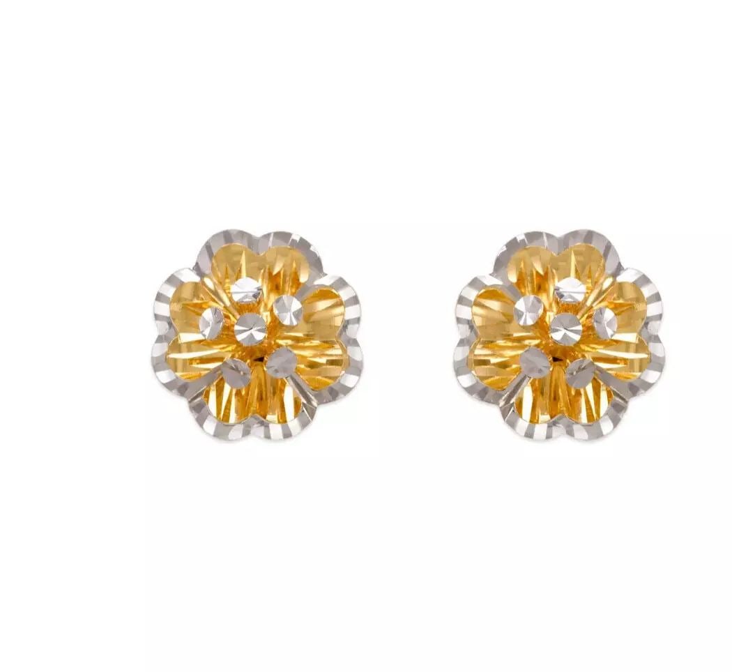 NEW 14K TWO TONE GOLD DIAMOND CUT FLOWER STUD EARRINGS (1 of 2)