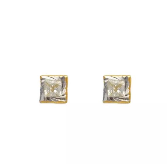 NEW 14K TWO TONE GOLD SQUARE DIAMOND CUT CZ STUD EARRINGS (1 of 2)