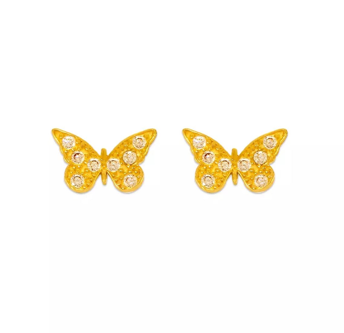NEW 14K YELLOW GOLD BUTTERFLY PAVE CZ STUD EARRINGS (1 of 2)