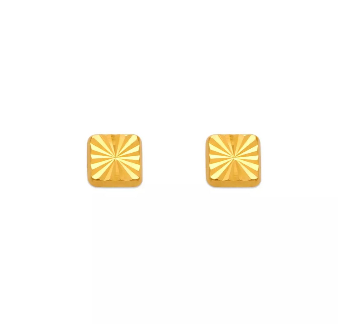 NEW 14K YELLOW GOLD DIAMOND CUT SQUARE STUD EARRINGS (1 of 2)